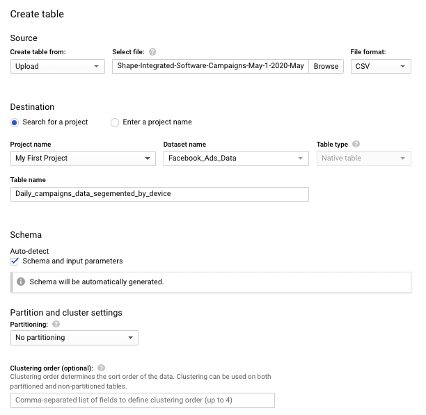 Enter Details for Table Creation